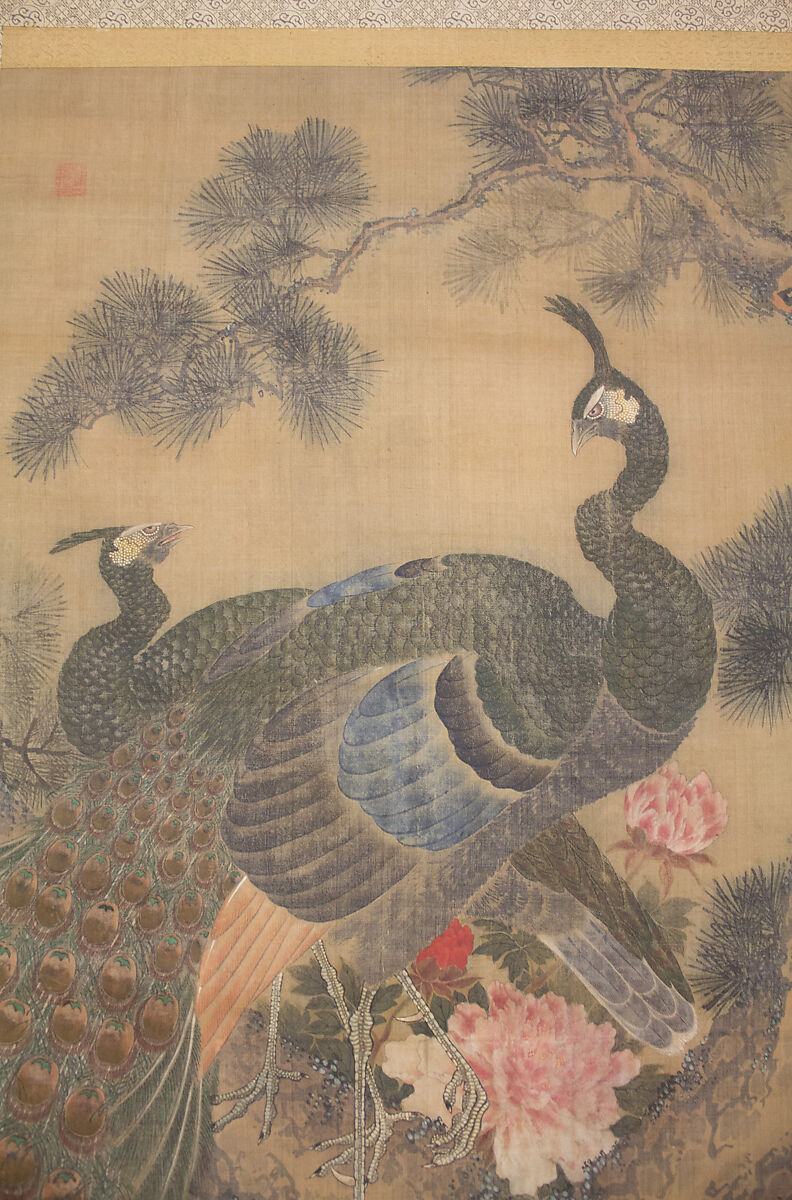 Peacocks, Pine Tree, and Peonies, Style of Lü Ji 呂紀 (Chinese, active late 15th century), Hanging scroll; ink and color on silk, Japan
