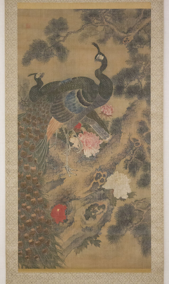 Peacocks, Pine Tree, and Peonies, Style of Lü Ji 呂紀 (Chinese, active late 15th century), Hanging scroll; ink and color on silk, Japan 