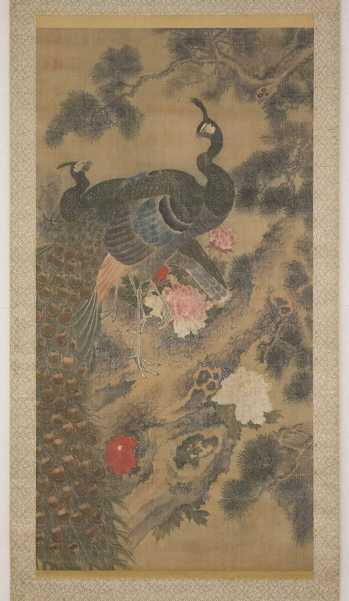 Peacocks, Pine Tree, and Peonies, Style of Lü Ji 呂紀 (Chinese, active late 15th century), Hanging scroll; ink and color on silk, Japan