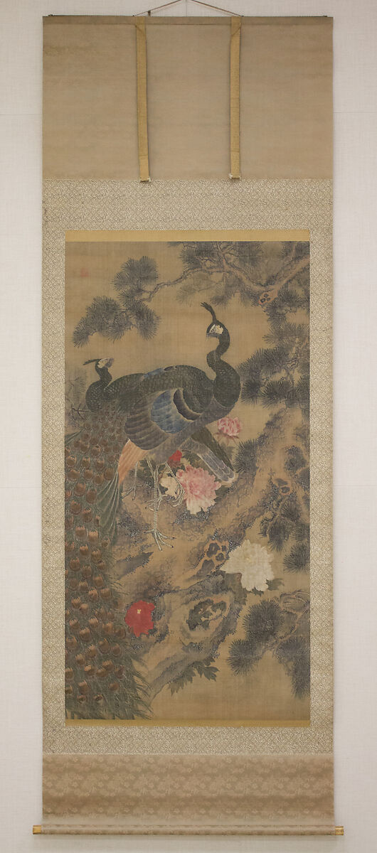 Peacocks, Pine Tree, and Peonies, Style of Lü Ji 呂紀 (Chinese, active late 15th century), Hanging scroll; ink and color on silk, Japan