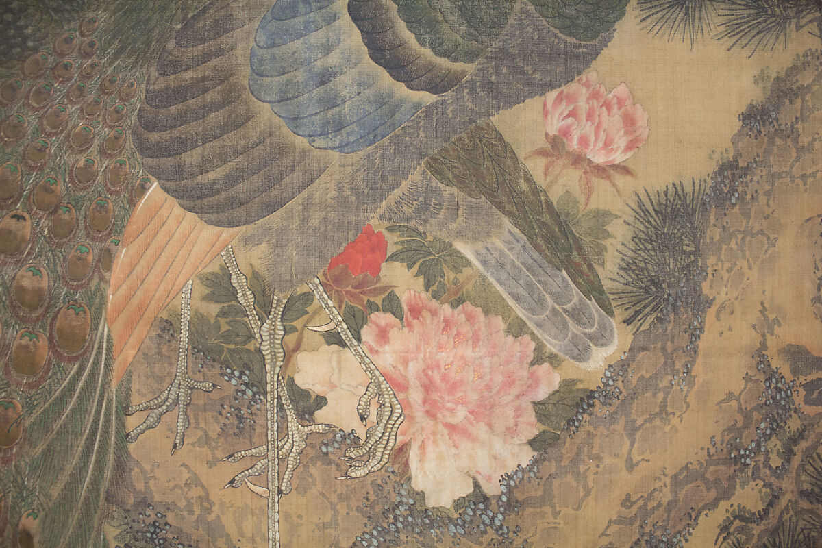 Peacocks, Pine Tree, and Peonies, Style of Lü Ji 呂紀 (Chinese, active late 15th century), Hanging scroll; ink and color on silk, Japan
