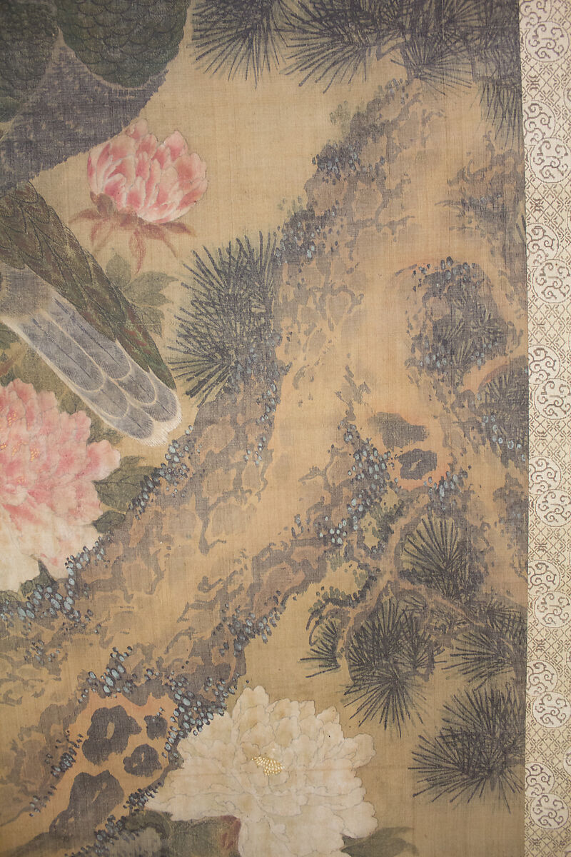 Peacocks, Pine Tree, and Peonies, Style of Lü Ji 呂紀 (Chinese, active late 15th century), Hanging scroll; ink and color on silk, Japan