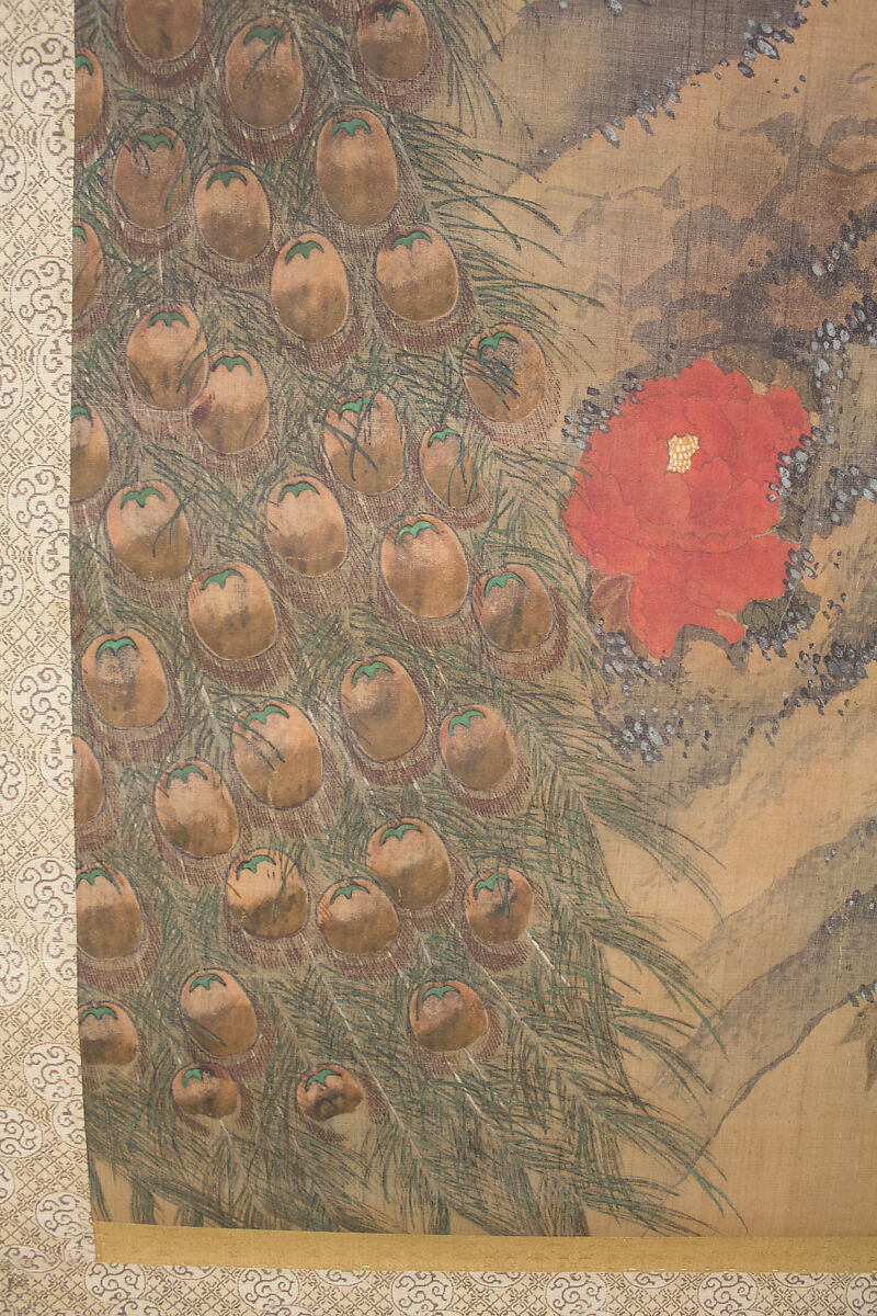 Peacocks, Pine Tree, and Peonies, Style of Lü Ji 呂紀 (Chinese, active late 15th century), Hanging scroll; ink and color on silk, Japan