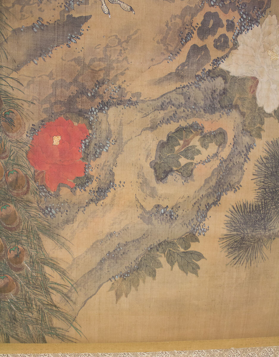 Peacocks, Pine Tree, and Peonies, Style of Lü Ji 呂紀 (Chinese, active late 15th century), Hanging scroll; ink and color on silk, Japan