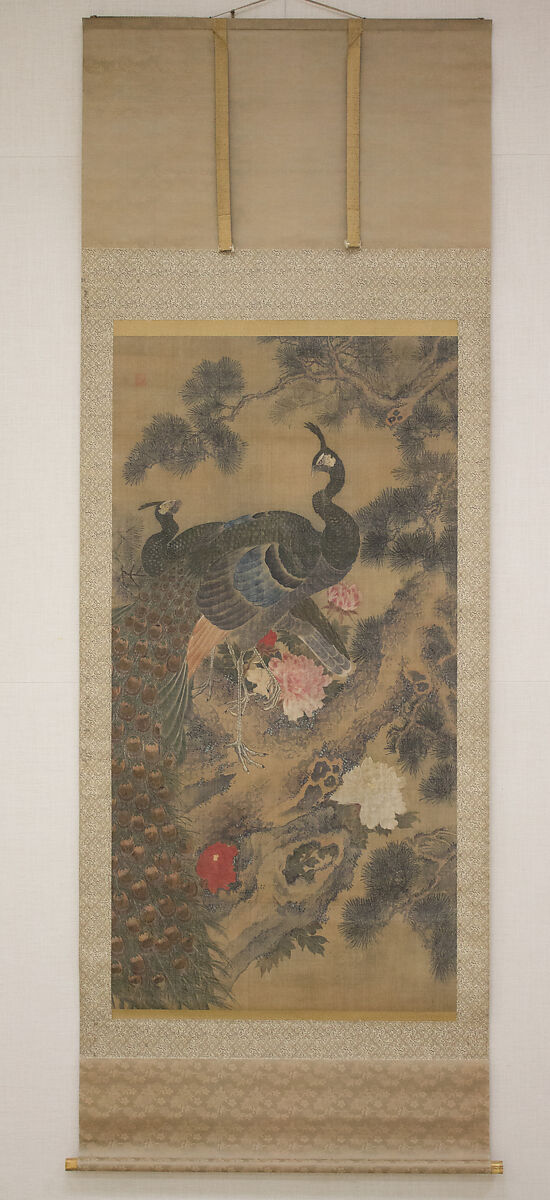 Peacocks, Pine Tree, and Peonies, Style of Lü Ji 呂紀 (Chinese, active late 15th century), Hanging scroll; ink and color on silk, Japan