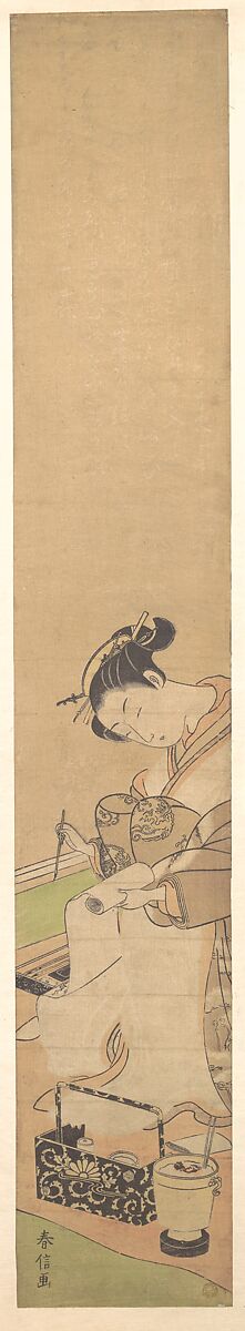 An Oiran Seated upon a Bed, Writing a Letter, Suzuki Harunobu (Japanese, 1725–1770), Woodblock print; ink and color on paper, Japan 