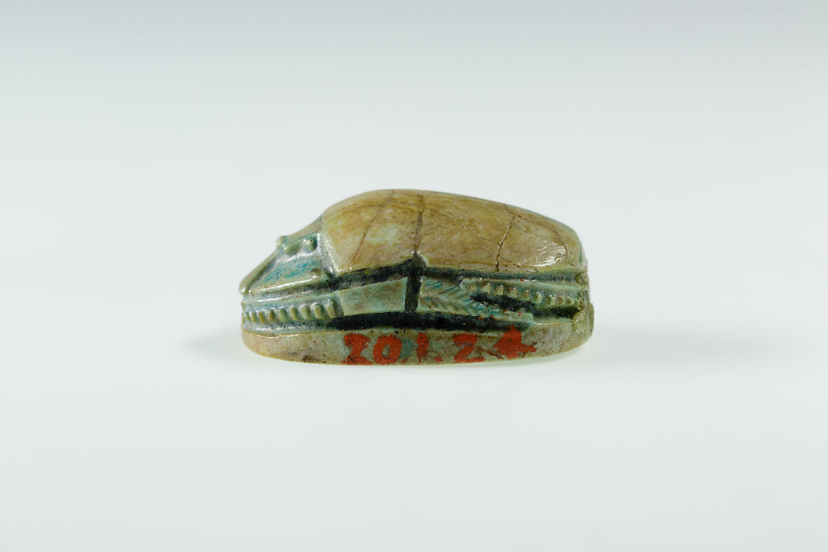Scarab Incised with Hieroglyphs in Scroll Border, Green glazed steatite