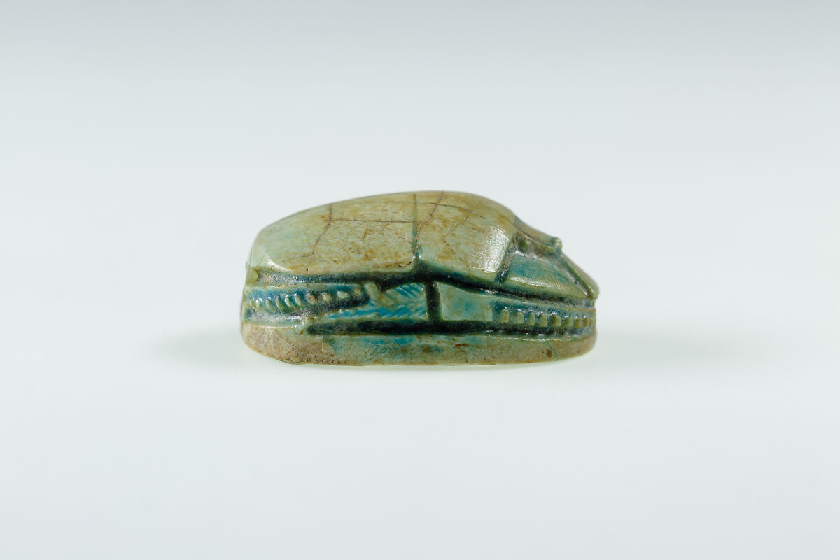 Scarab Incised with Hieroglyphs in Scroll Border, Green glazed steatite