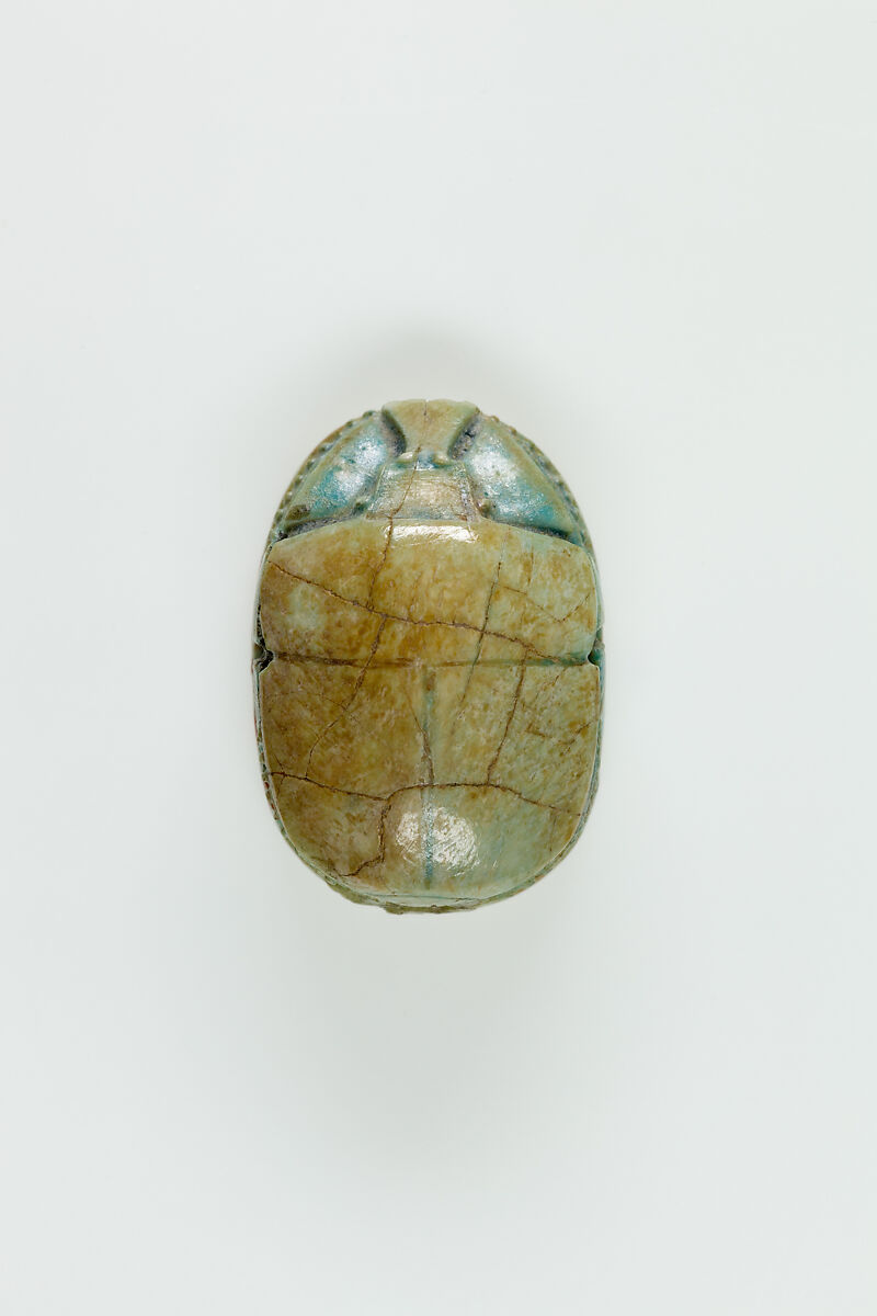 Scarab Incised with Hieroglyphs in Scroll Border, Green glazed steatite