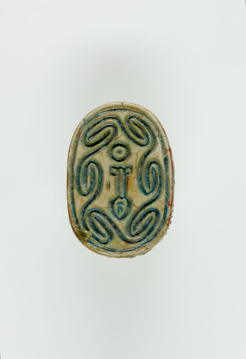Scarab Incised with Hieroglyphs in Scroll Border, Green glazed steatite 