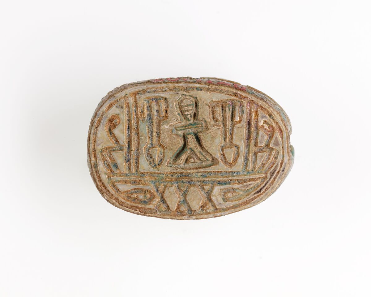 Scarab Inscribed with Hieroglyphs, Green glazed steatite 