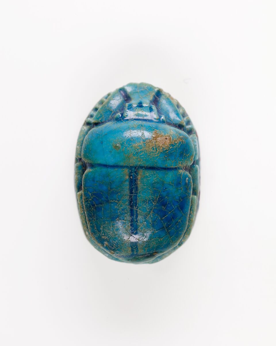Scarab with Crucifom Lotus Flower Decoration, Bright blue glazed steatite