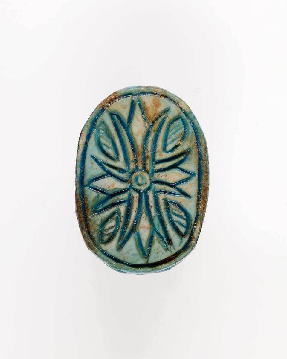 Scarab with Crucifom Lotus Flower Decoration, Bright blue glazed steatite 