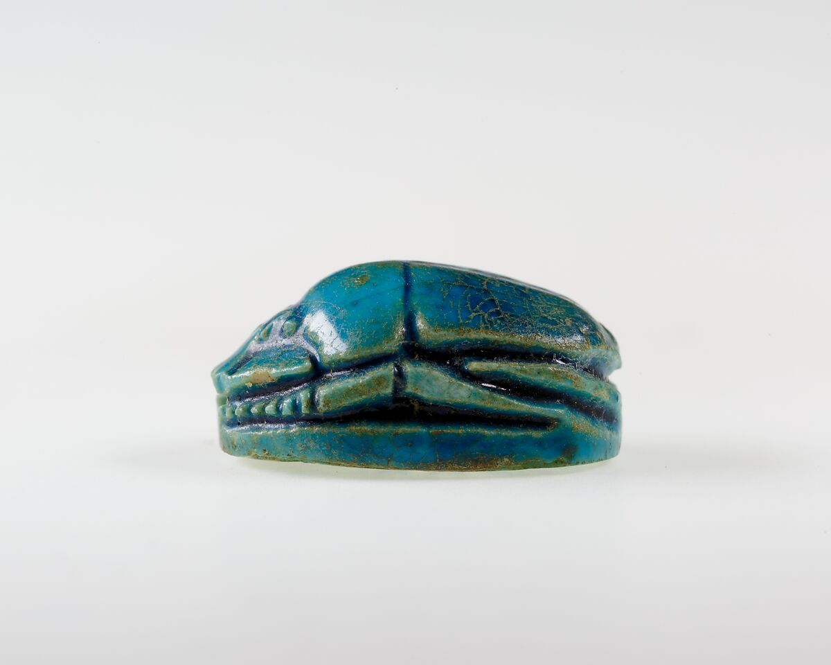Scarab with Crucifom Lotus Flower Decoration, Bright blue glazed steatite