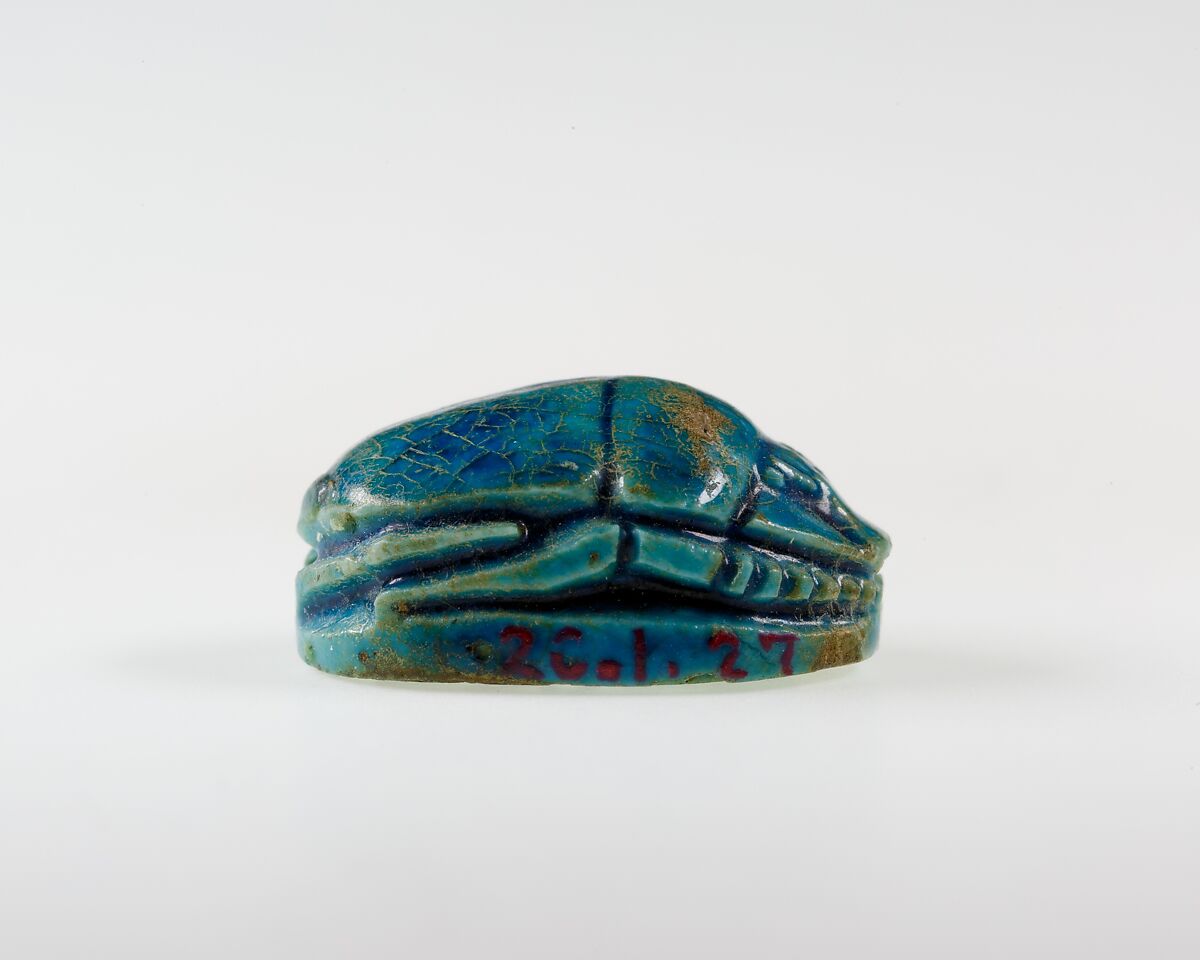 Scarab with Crucifom Lotus Flower Decoration, Bright blue glazed steatite