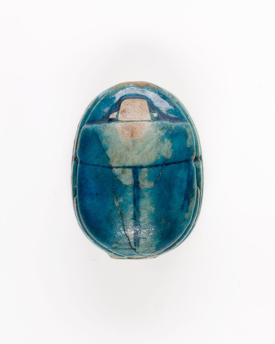 Scarab Incised with Nefer Sign in Scroll Border, Bright blue glazed steatite