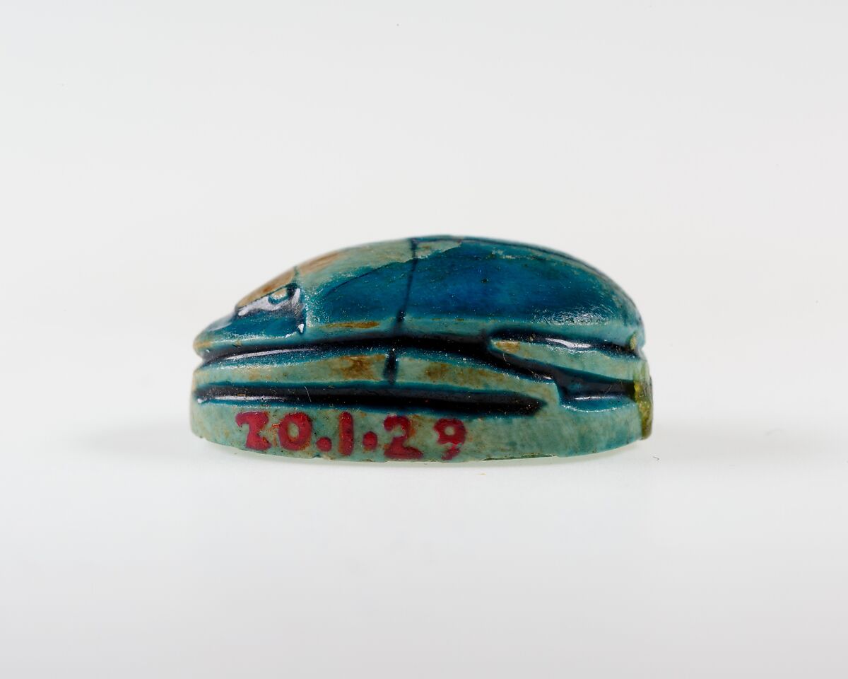 Scarab Incised with Nefer Sign in Scroll Border, Bright blue glazed steatite