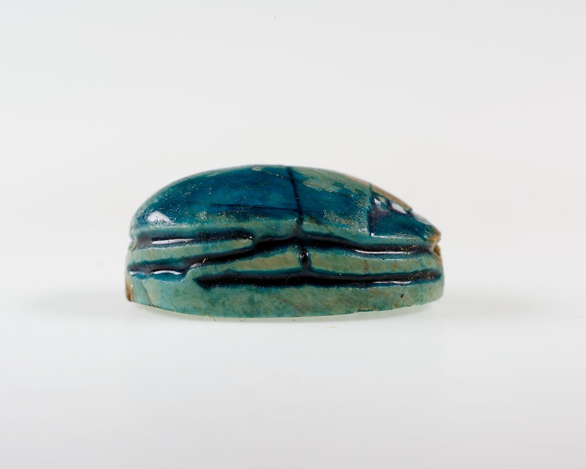 Scarab Incised with Nefer Sign in Scroll Border, Bright blue glazed steatite