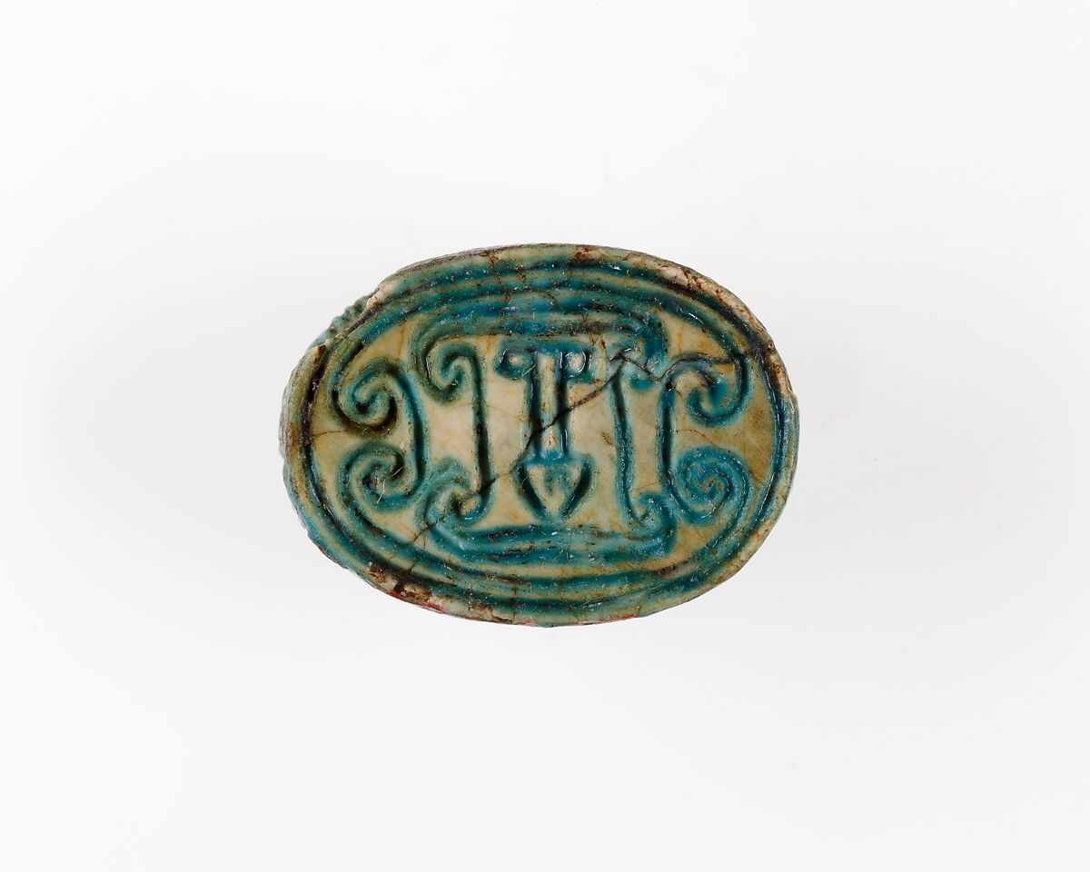 Scarab Incised with Nefer Sign and Scrolls, Blue glazed steatite 