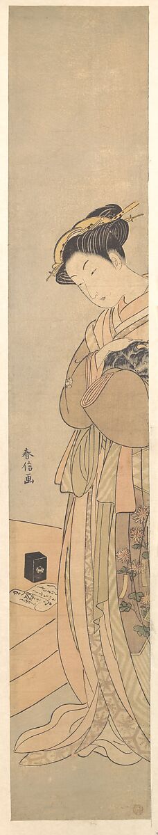 An Oiran Holding a Black Dog, Suzuki Harunobu (Japanese, 1725–1770), Woodblock print; ink and color on paper, Japan 