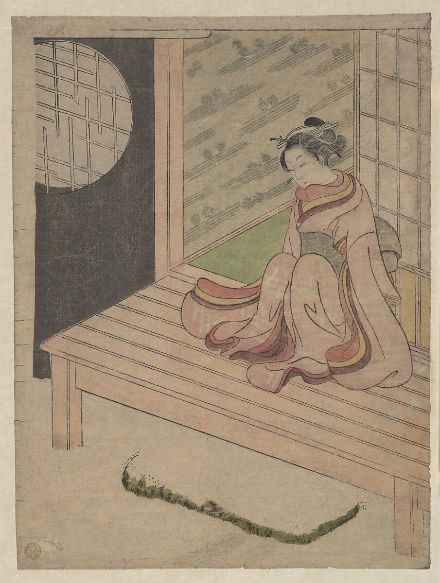 A Young Woman Seated upon the Engawa of a House, School of Suzuki Harunobu (Japanese, 1725–1770), Woodblock print; ink and color on paper, Japan 
