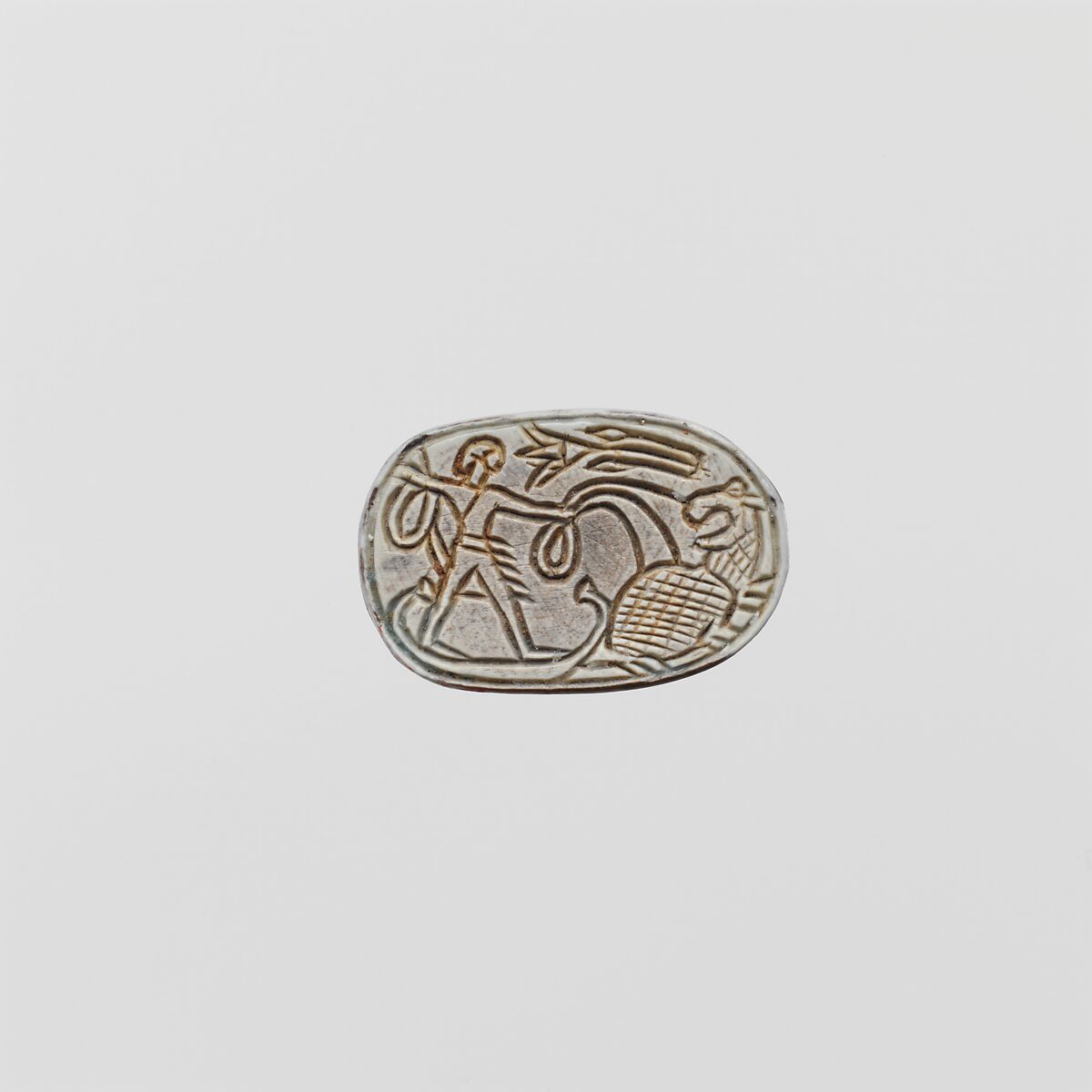 Scarab with the Name of Amenemhat III and a Hippopotamus Hunt, Glazed steatite