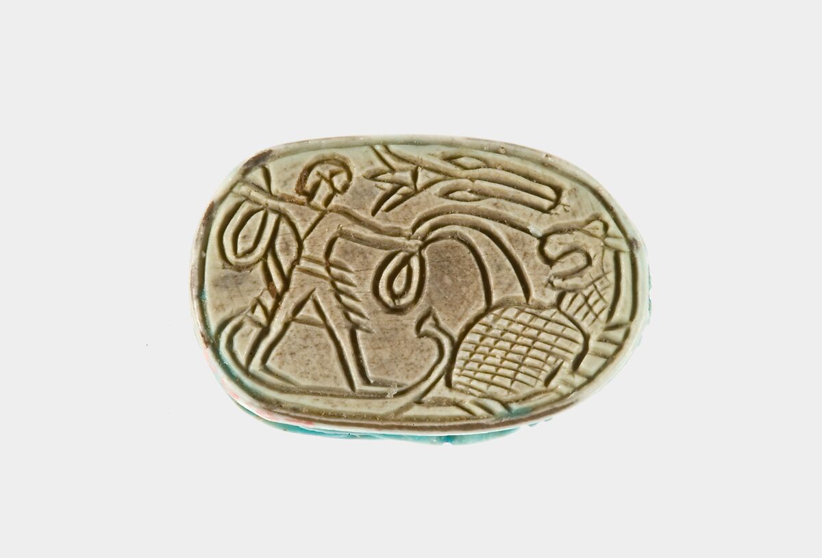 Scarab with the Name of Amenemhat III and a Hippopotamus Hunt, Glazed steatite