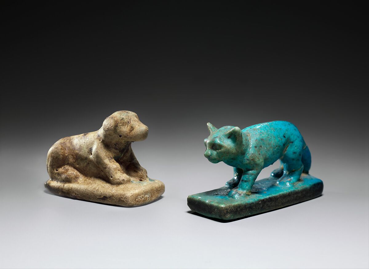 Cat figurine, Blue faience with black spots, paint 