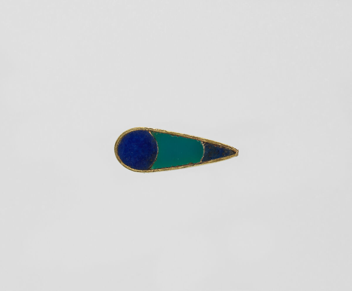 Drop pendant, Gold inlaid with lapis lazuli and turquoise 