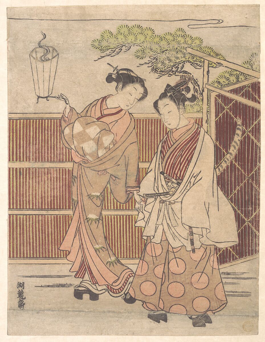 Reizei Carrying a Teshoku (Hand Lantern), Isoda Koryūsai (Japanese, 1735–ca. 1790), Woodblock print; ink and color on paper, Japan 