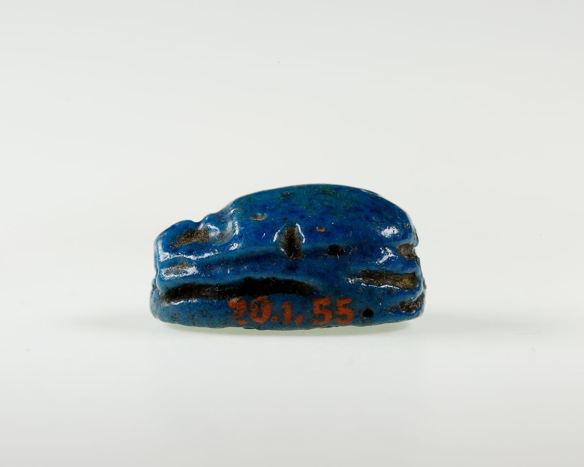 Scarab Incised with Hieroglyph and Papyrus, Bright blue faience