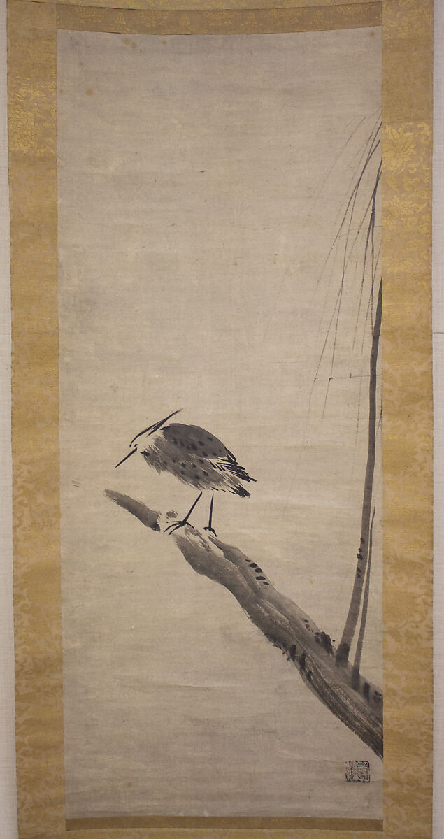 Heron and Willow, Formerly attributed to Sesshū Tōyō 雪舟等楊 (Japanese, 1420–1506), Hanging scroll; ink on paper, Japan 