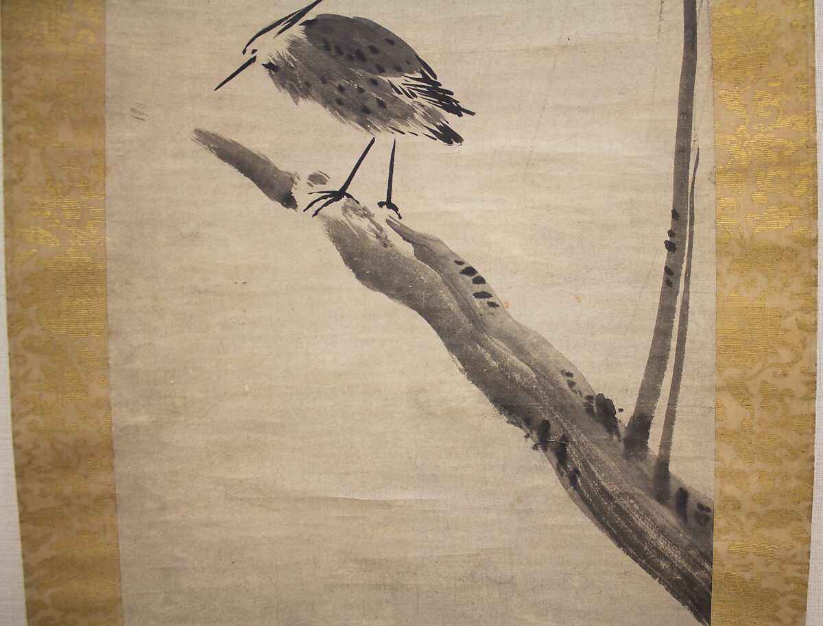 Heron and Willow, Formerly attributed to Sesshū Tōyō 雪舟等楊 (Japanese, 1420–1506), Hanging scroll; ink on paper, Japan