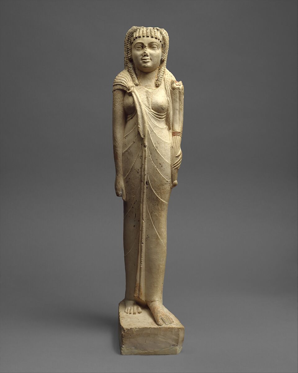 Statuette of Arsinoe II for her Posthumous Cult, Limestone, paint, gold leaf
