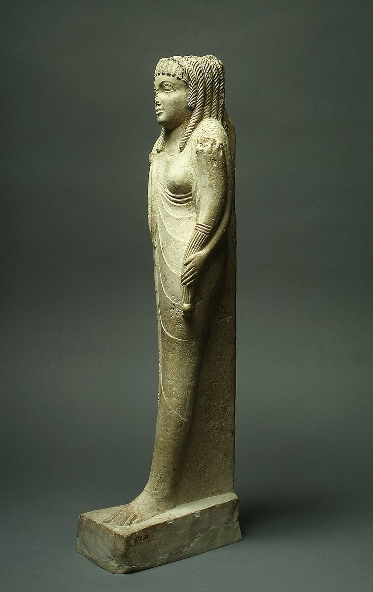Statuette of Arsinoe II for her Posthumous Cult, Limestone, paint, gold leaf