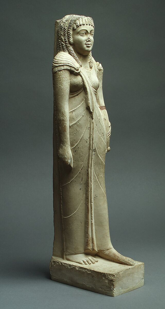 Statuette of Arsinoe II for her Posthumous Cult, Limestone, paint, gold leaf
