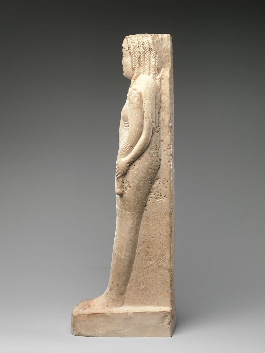 Statuette of Arsinoe II for her Posthumous Cult, Limestone, paint, gold leaf