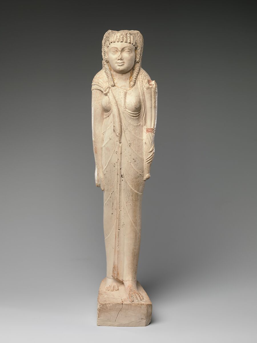 Statuette of Arsinoe II for her Posthumous Cult, Limestone, paint, gold leaf 