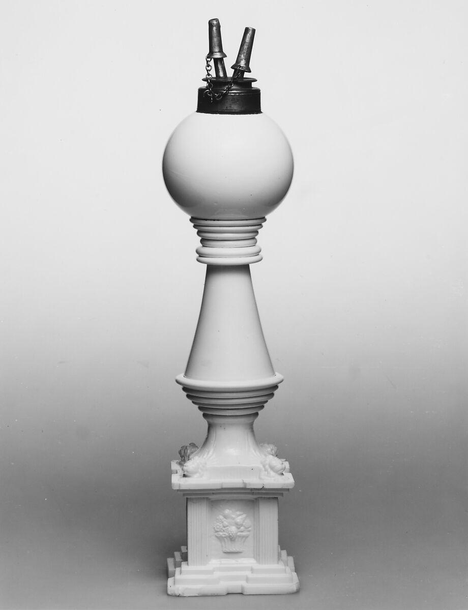 Oil Lamp, Probably New England Glass Company (American, East Cambridge, Massachusetts, 1818–1888), Pressed and free-blown white opaque glass, American 
