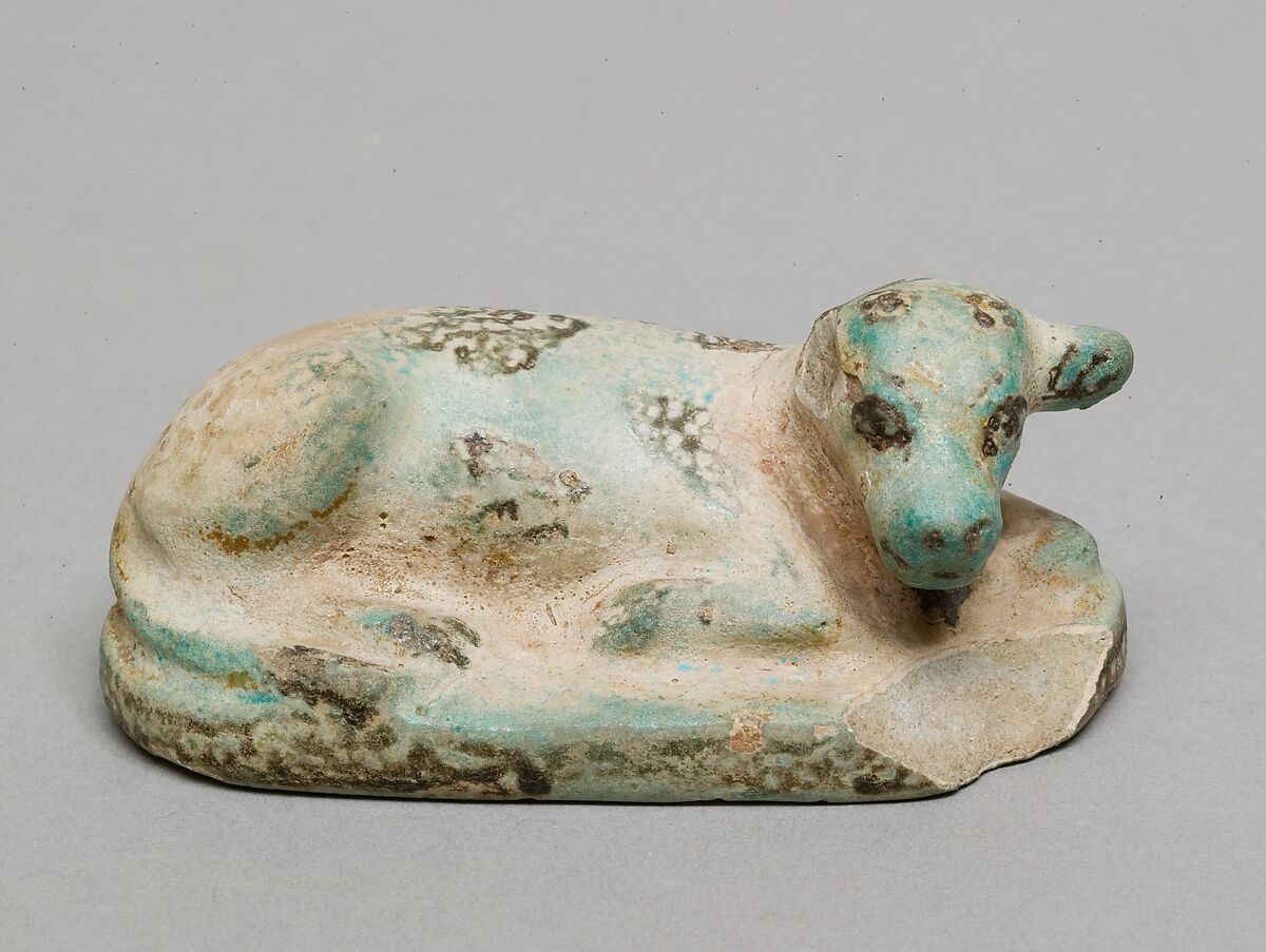 Figurine of a recumbent calf, Faience 