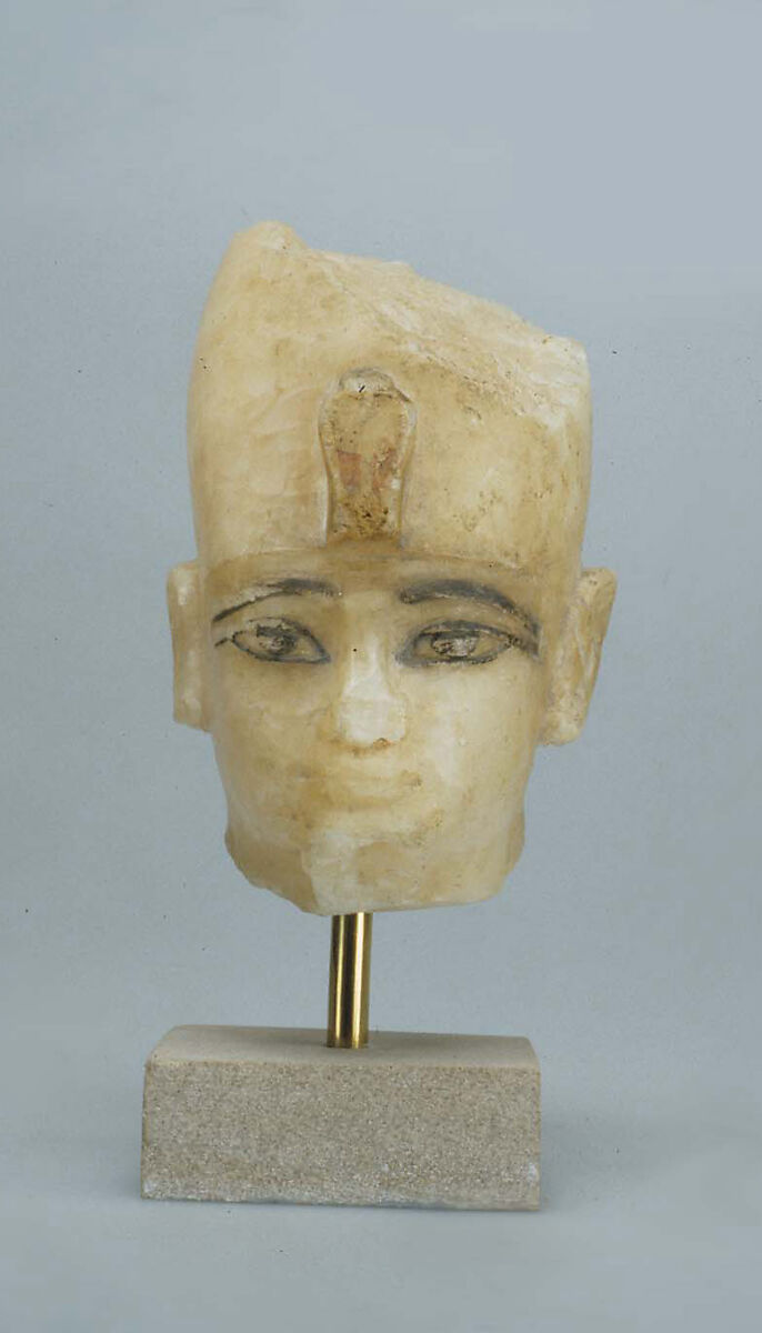 Head of Amenhotep III, Travertine (Egyptian alabaster), paint 