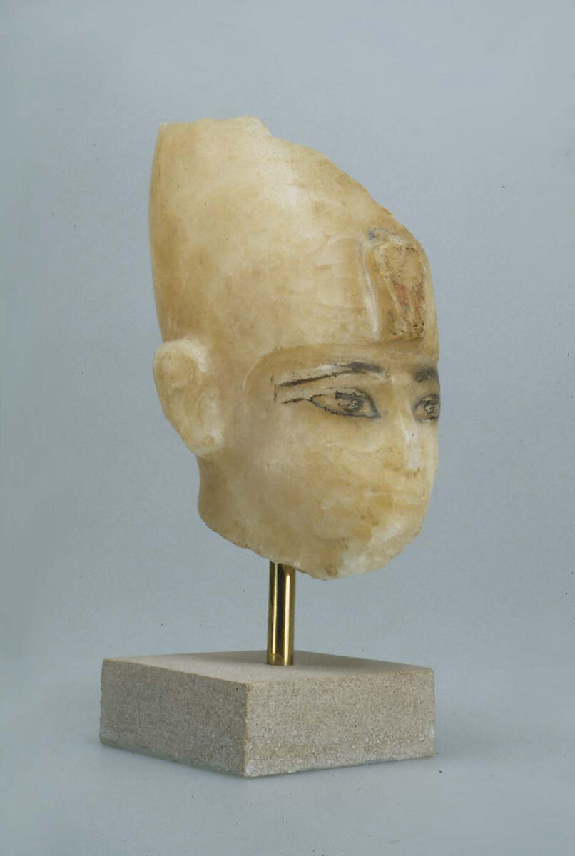 Head of Amenhotep III, Travertine (Egyptian alabaster), paint