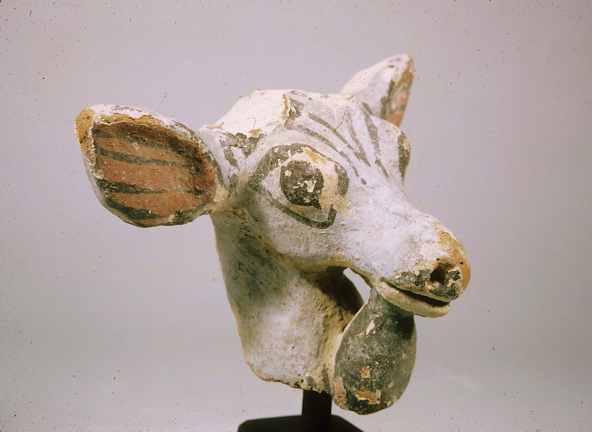 Ibex Head from the Shoulder of a Vessel, pottery, glaze 