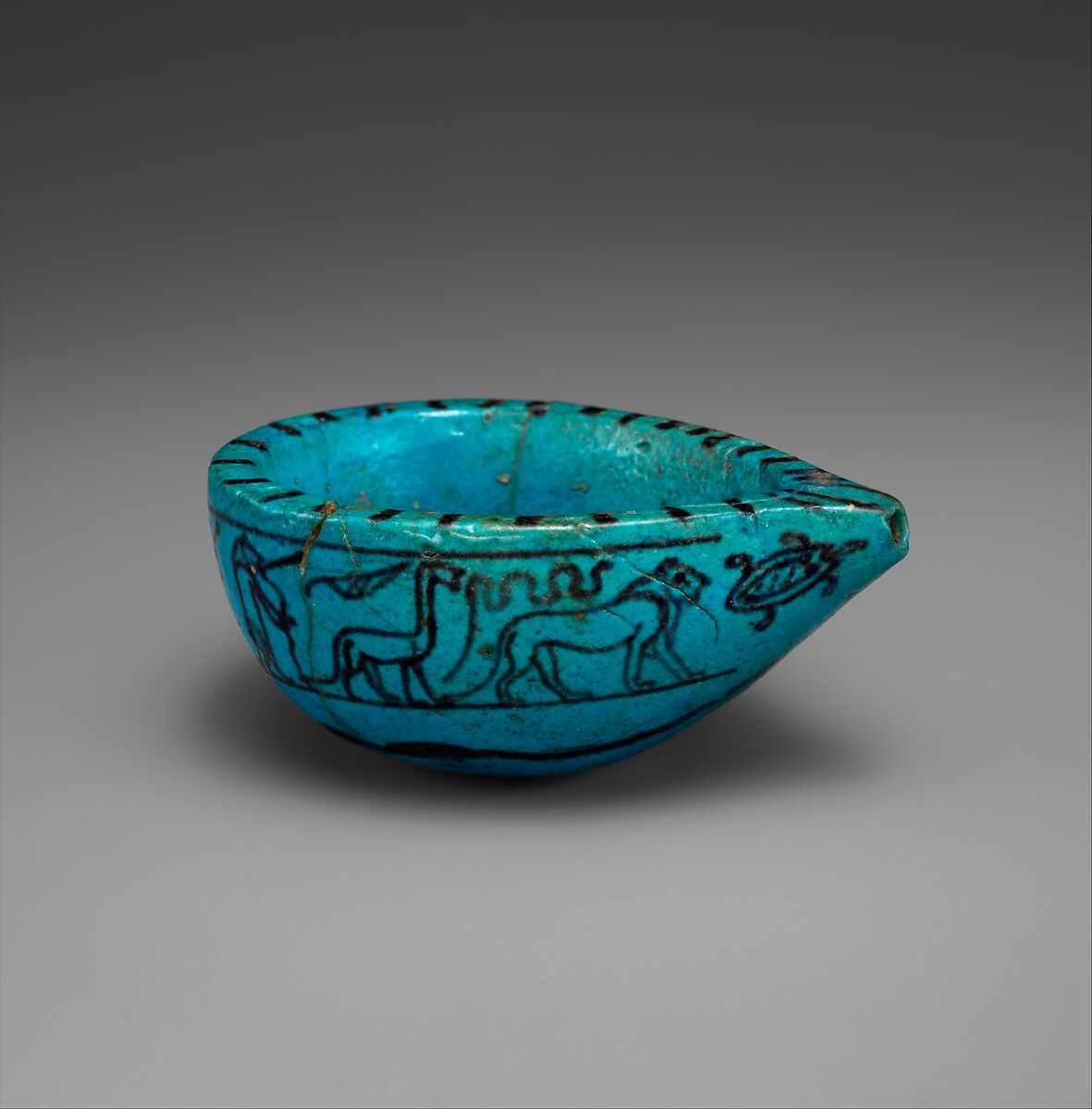 Feeding Cup, Blue faience, paint 