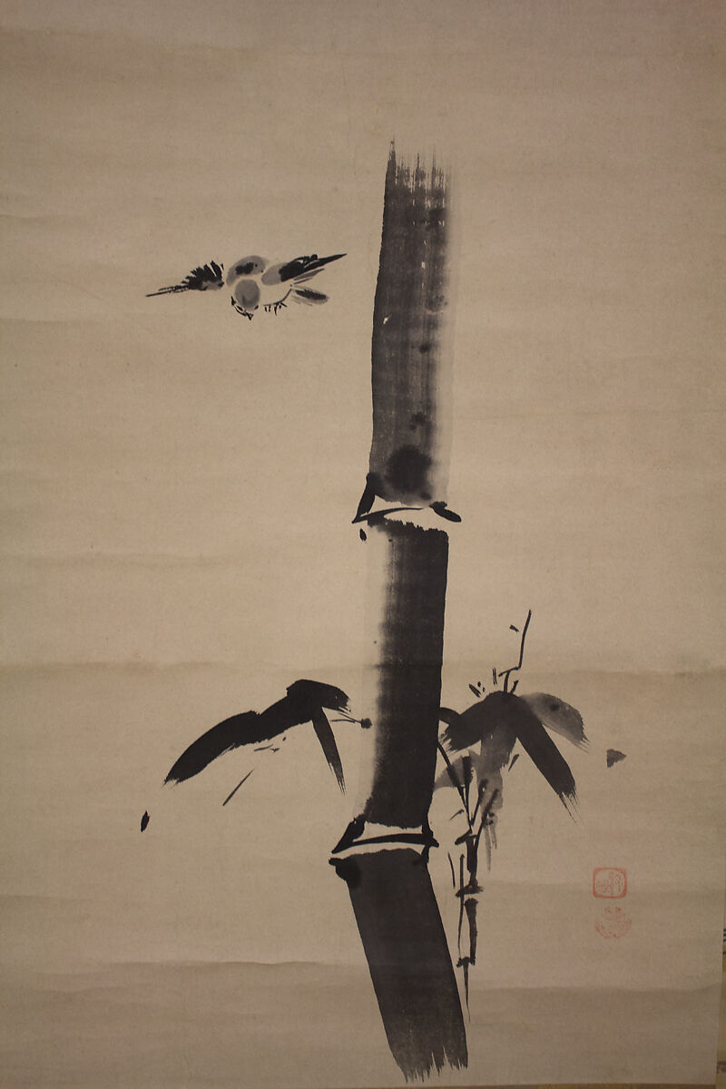 Sparrow and Bamboo, Attributed to Kano Tan'yū (Japanese, 1602–1674), Hanging scroll; ink on paper, Japan