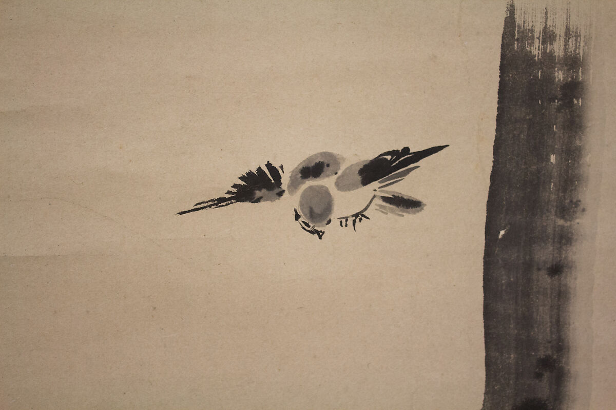 Sparrow and Bamboo, Attributed to Kano Tan'yū (Japanese, 1602–1674), Hanging scroll; ink on paper, Japan