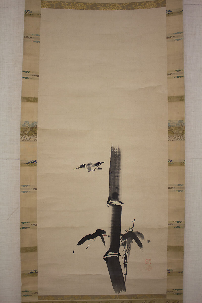 Sparrow and Bamboo, Attributed to Kano Tan&#39;yū (Japanese, 1602–1674), Hanging scroll; ink on paper, Japan 