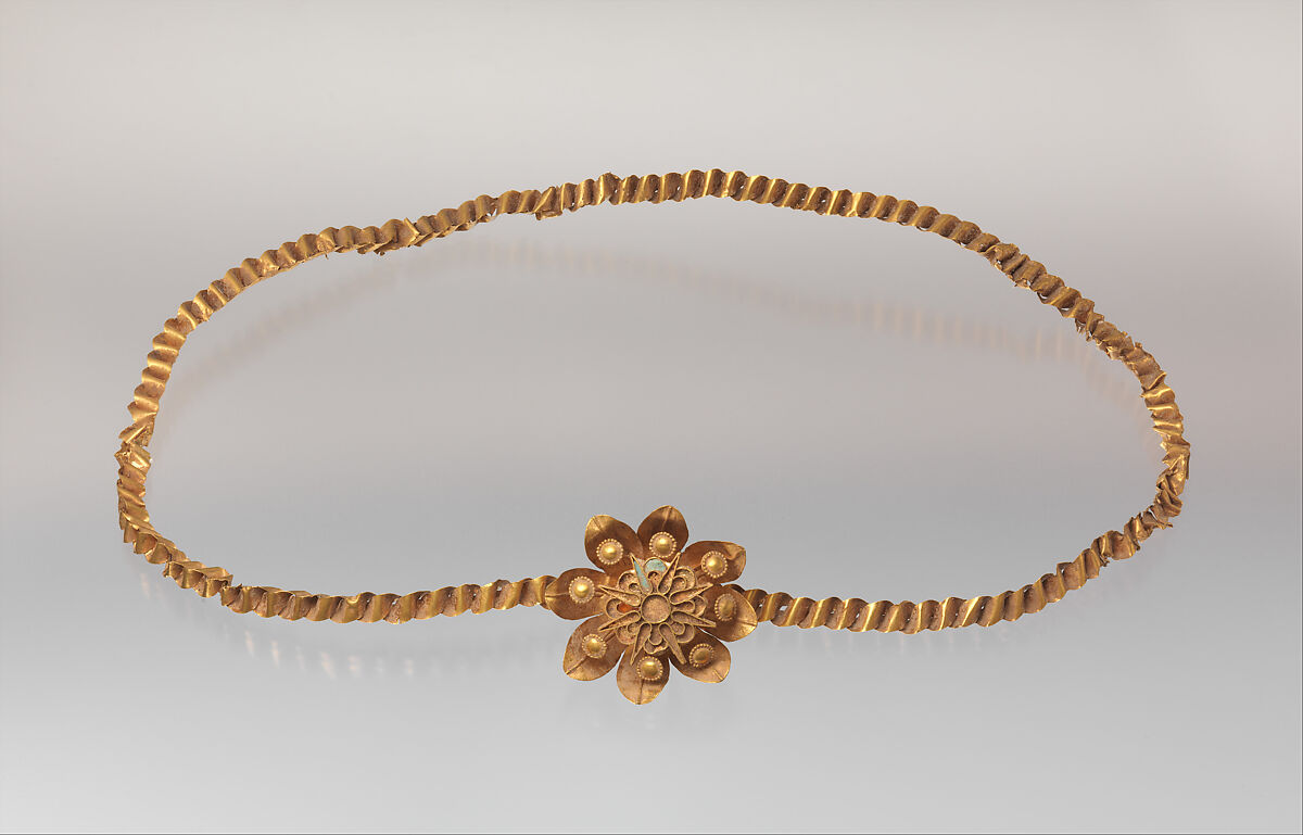 Diadem, Gold, glass, carnelian 