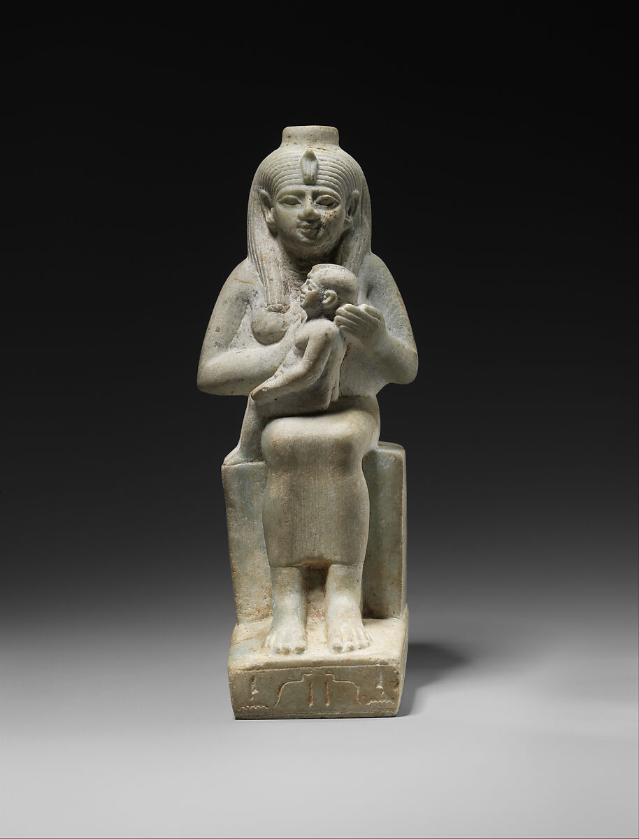 Statuette of Isis nursing Horus, dedicated by Ankhhor, son of Perechbanebdjedet and Heretib, Anhydrite 