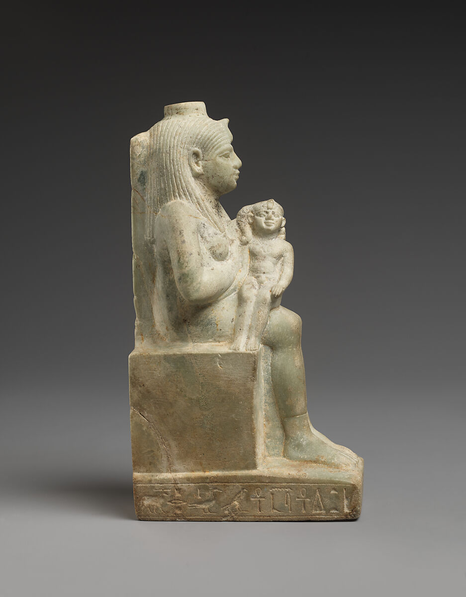 Statuette of Isis with the infant Horus, dedicated by Ankhhor, son of Perekhbanebdjedet and Heretib, Anhydrite